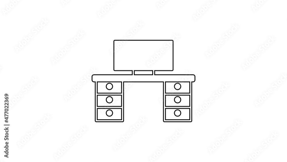 Black line Office desk icon isolated on white background. 4K Video motion graphic animation Black line Office desk icon isolated on white background. 4K Video motion graphic animation