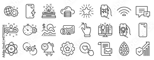 Set of Technology icons, such as Like button, Settings gear, Comment icons. Wifi, Award app, Check investment signs. Recruitment, Touchscreen gesture, Atom. Smartphone charging, Seo gear. Vector © blankstock
