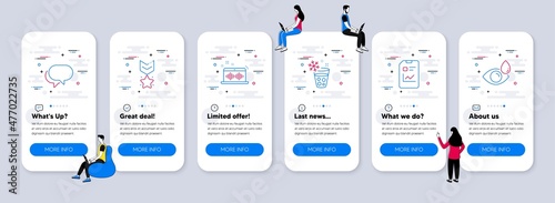 Business icons set. UI phone app screens with teamwork. Included icon as Winner medal, Report document, Talk bubble signs. Ice maker, Music making, Eye drops line icons. Vector