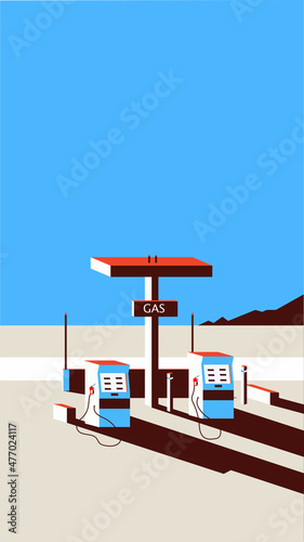 Gas station on a blue background with mountains in pleasant colors