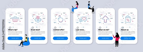Business icons set. UI phone app screens with teamwork. Included icon as Hand click, Shop cart, Heart signs. Upload, Sale, Shopping bag line icons. Location pointer, Web buying, Star rating. Vector