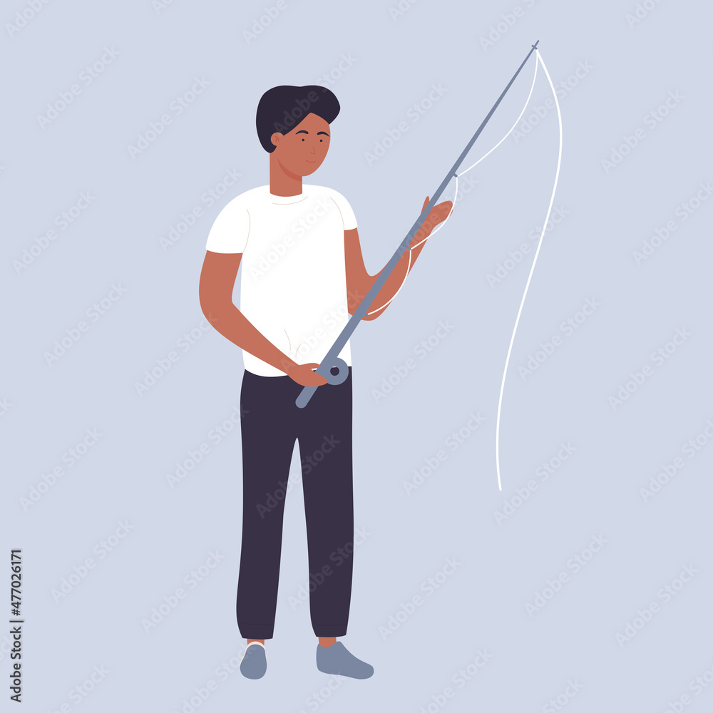 Cute male teeneger holding a fishing rod. Boy preparing tapering