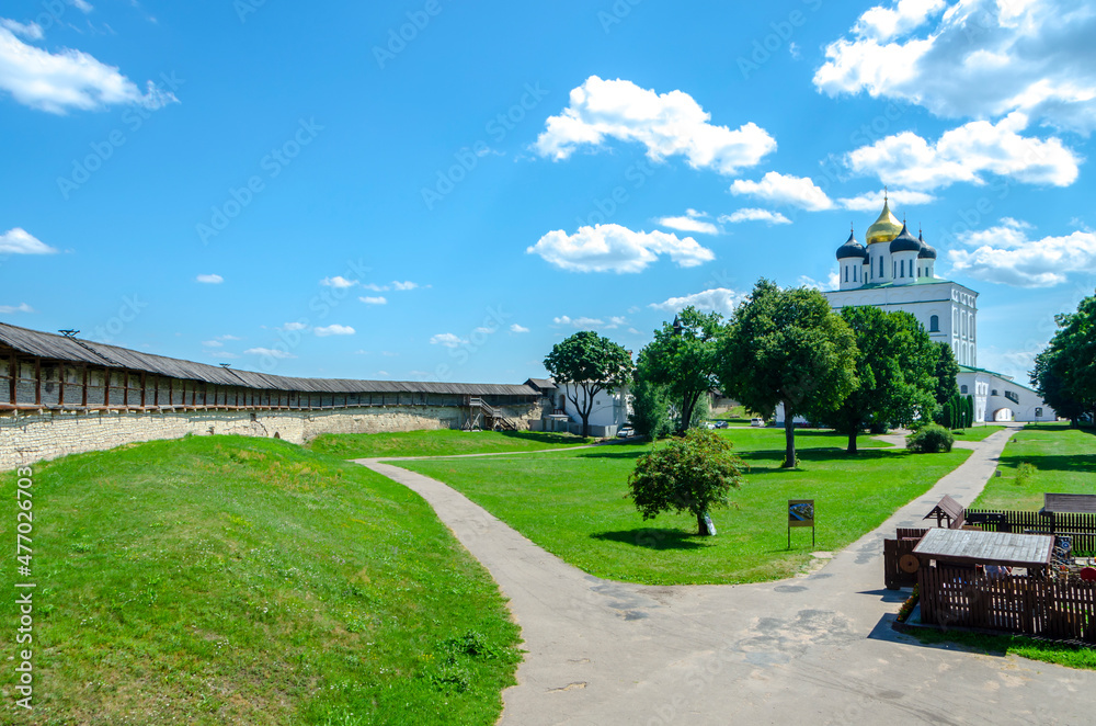 On the territory of the Holy Trinity Cathedral in Pskov. Pskov Kremlin. One of the oldest sights in Russia