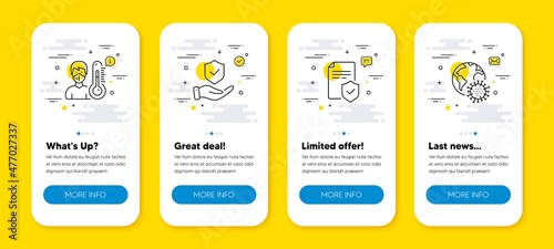 Vector set of Insurance hand, Insurance policy and Thermometer line icons set. UI phone app screens with line icons. Coronavirus pandemic icon. Vector