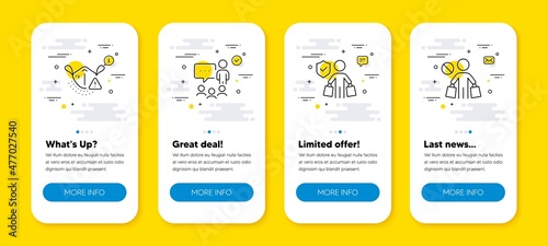 Vector set of People chatting, Buyer insurance and Medical mask line icons set. UI phone app screens with line icons. Stop shopping icon. Conference, Purchase coverage, Face respirator. Vector