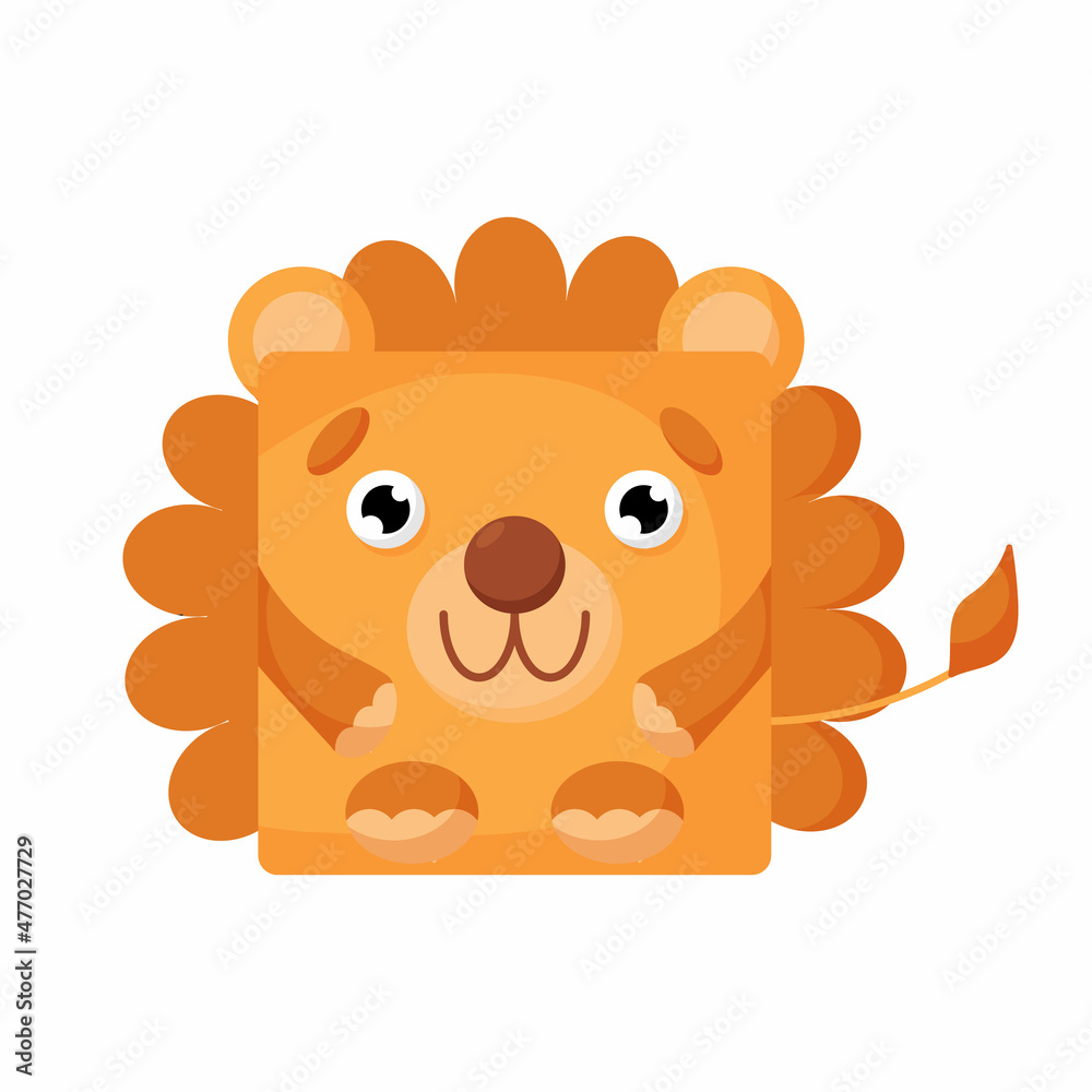 Cute cartoon square animal lion face, vector zoo sticker isolated on white background. Cute cartoon square animal lion face, vector zoo sticker isolated on white background.