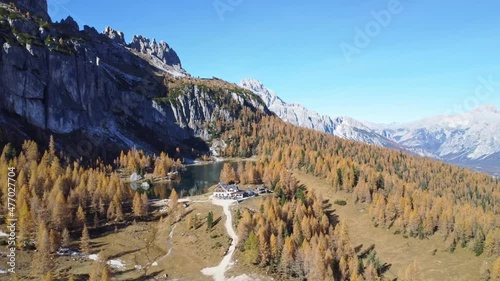 Idyllic scene of Lago di Federa in the Dolomites during autumn	 photo