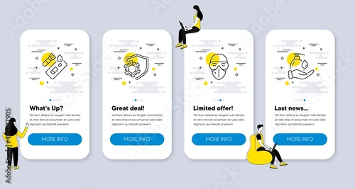 Set of Medical icons, such as Covid test, Coronavirus, Medical mask icons. UI phone app screens with people. Wash hands line symbols. Blood testing, Covid protection, Protection glasses. Vector