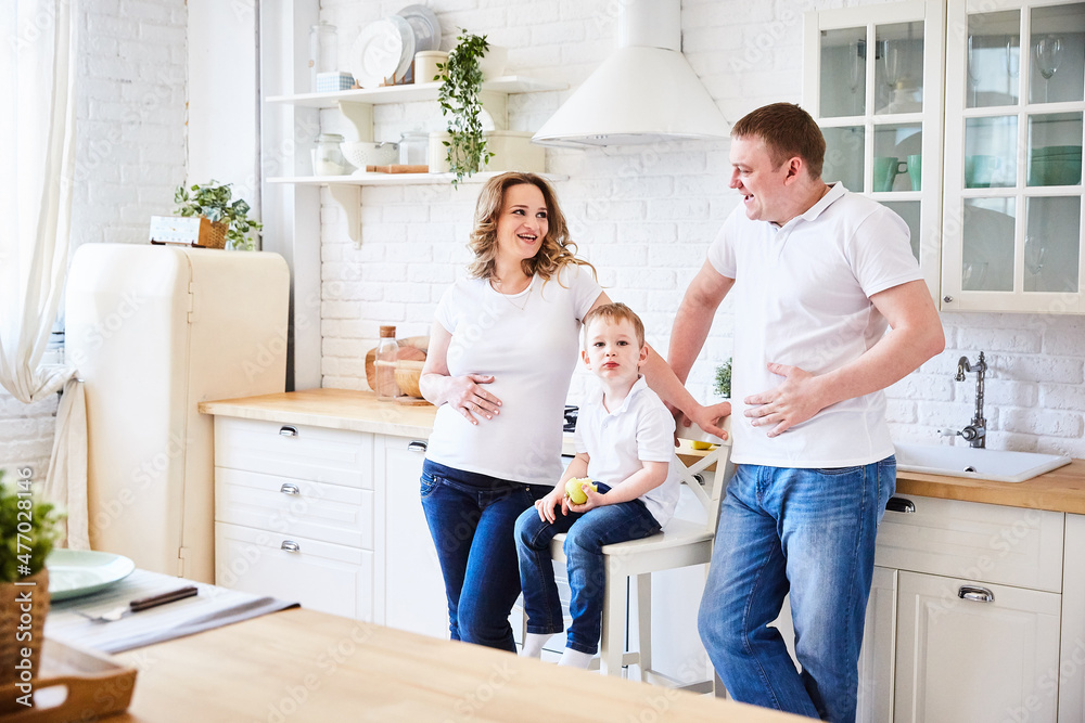 family with a small child and a pregnant young woman in the kitchen. The concept of family, love and loyalty family with a small child and a pregnant young woman in the kitchen. The concept of family, love and loyalty