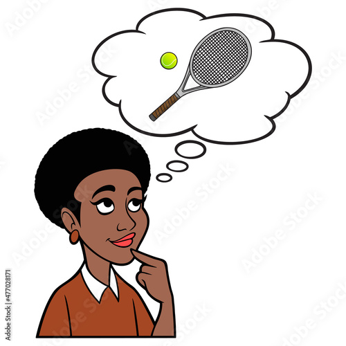 Black Woman thinking about a Tennis Ball and Racquet - A cartoon illustration of a Black Woman thinking about a Tennis Ball and Racquet.