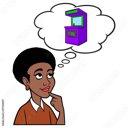Black Woman thinking about a Retro Arcade Machine - A cartoon illustration of a Black Woman thinking about a standup Retro Arcade Machine.