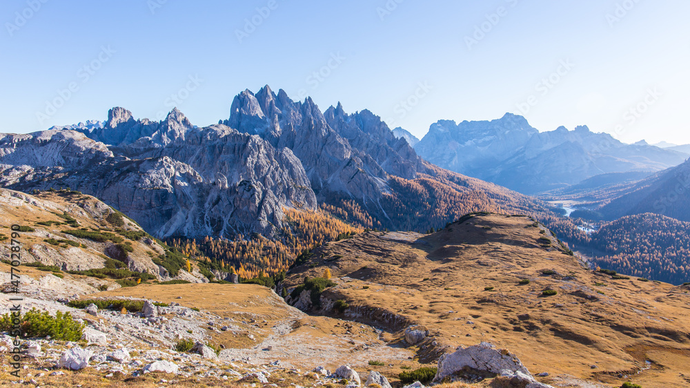Panorama view from the Tre Cime di Lavadero to the nieghbouring mountains in the south and Lago Misurina	