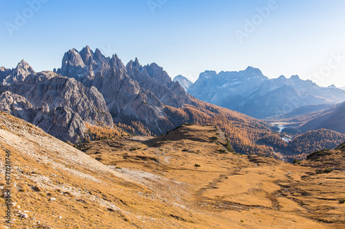Panorama view from the Tre Cime di Lavadero to the nieghbouring mountains in the south and Lago Misurina