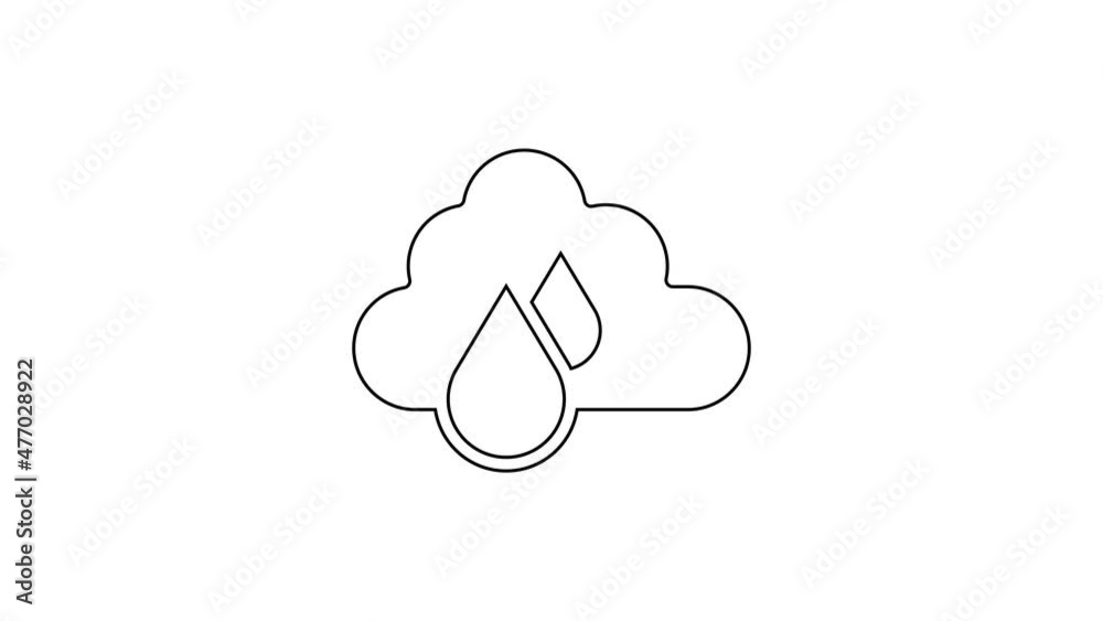 Black line Cloud with rain icon isolated on white background. Rain cloud precipitation with rain drops. 4K Video motion graphic animation Black line Cloud with rain icon isolated on white background. Rain cloud precipitation with rain drops. 4K Video motion graphic animation