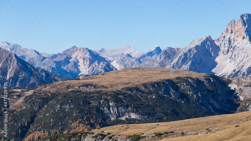 Panorama view of former world war I battlefield Monte Piana in the Dolomites in Italy