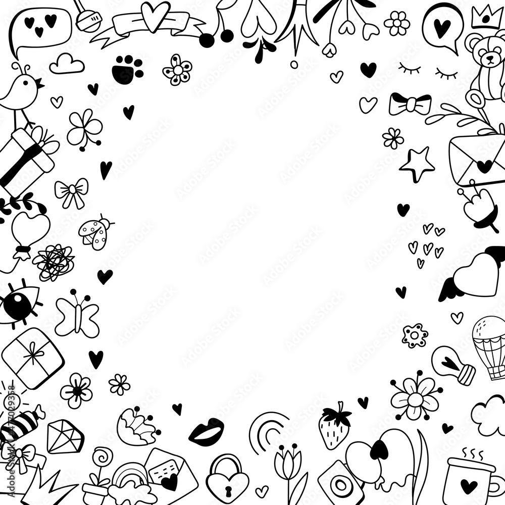 Doodle illustration. Flowers, twigs, insects. Hand-drawn. Vector illustration