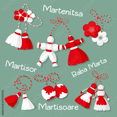 The Martisor holiday, the meeting of early spring. A set of cute different charms - Martenitsa.