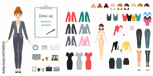 Young pretty business woman. Dress up paper doll. Flat cartoon style. Vector illustration