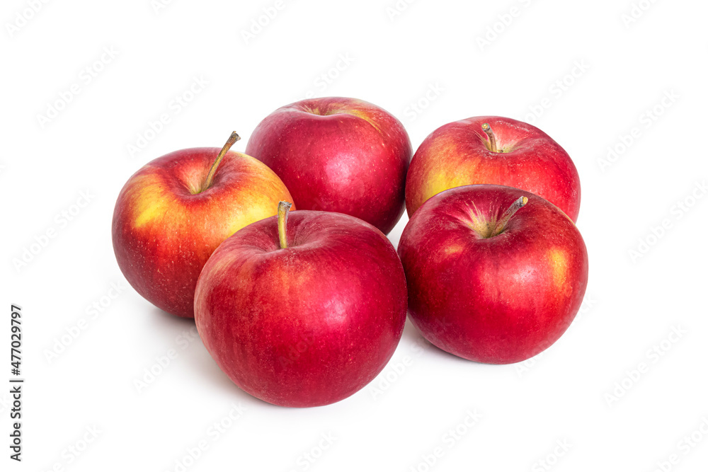 Five red apples of the autumn harvest on a white background