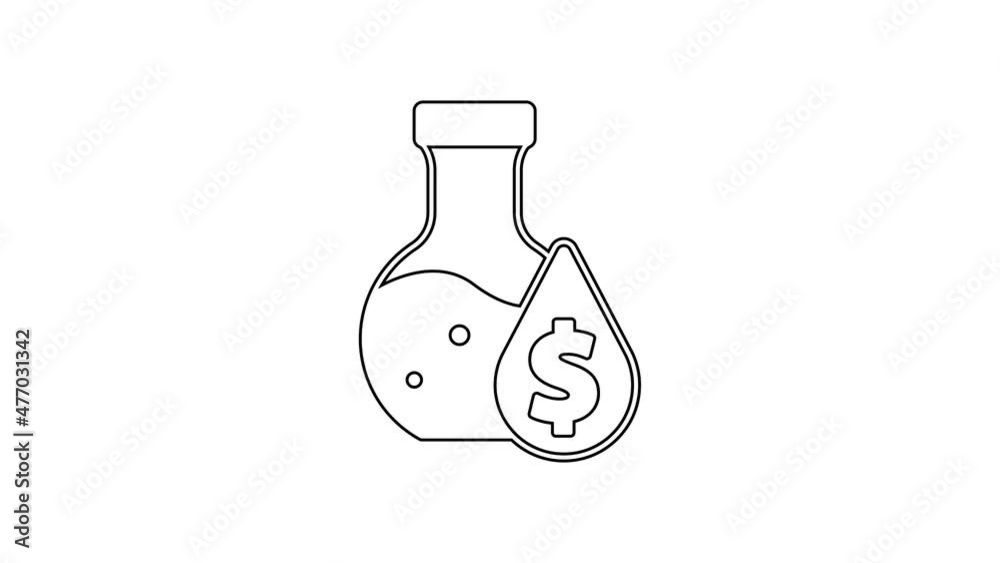 Black line Oil petrol test tube icon isolated on white background. Cmemistry flask and falling drop. 4K Video motion graphic animation Black line Oil petrol test tube icon isolated on white background. Cmemistry flask and falling drop. 4K Video motion graphic animation