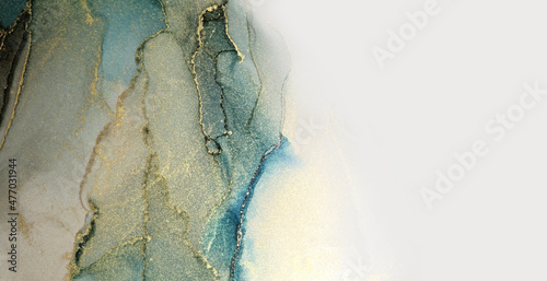 Art Abstract smoke blue and gold glitter watercolor interior background. Marble texture. Alcohol ink. © Liliia