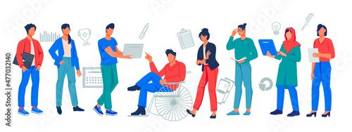 Team of diverse business people. Ethnic diversity and career opportunity equality for persons with disabilities, flat vector isolated on white. Business people, entrepreneurs or office workers.