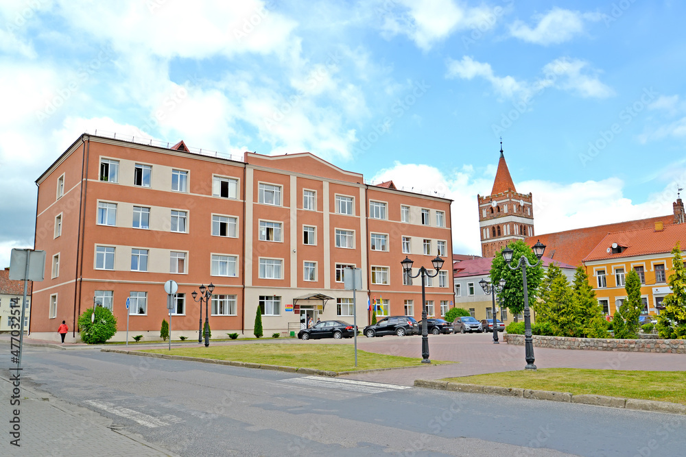 PRAVDINSK, RUSSIA. The building of the city administration on the square of the 50th anniversary of the Victory. Kaliningrad region