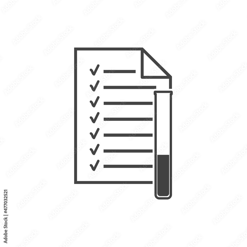 Vector document and laboratory test tube icon on white isolated background.