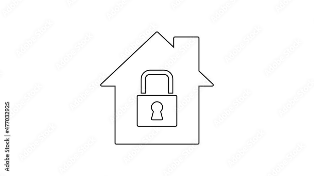 Black line House under protection icon isolated on white background. Home and lock. Protection, safety, security, protect, defense concept. 4K Video motion graphic animation Black line House under protection icon isolated on white background. Home and lock. Protection, safety, security, protect, defense concept. 4K Video motion graphic animation