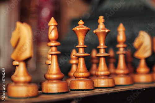 Background close-up chess pieces on chessboard game