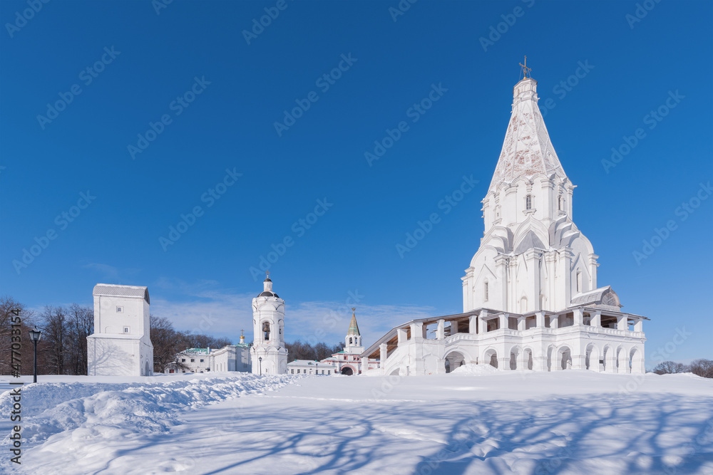 Museum-reserve Kolomenskoye. View of the Ascension Church and the architectural complex on Voznesenskaya Square (16-19 centuries) on a clear winter day. Moscow, Russia