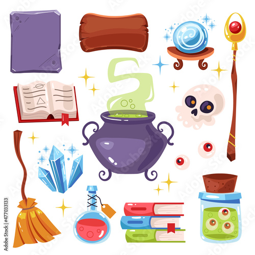 Magic items objects potion bottles esoteric elements isolated set. Vector flat graphic design cartoon illustration