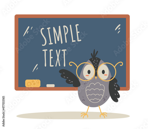Owl bird teacher character standing near blackboard and pointing. Vector flat graphic design cartoon illustration