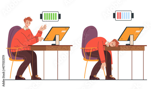 Professional burnout hight and low battery concept. Vector flat graphic design cartoon illustration