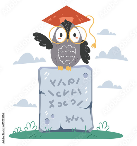 Wise owl character sitting on ancient stone plate with wisdom tex. Vector flat graphic design cartoon illustration