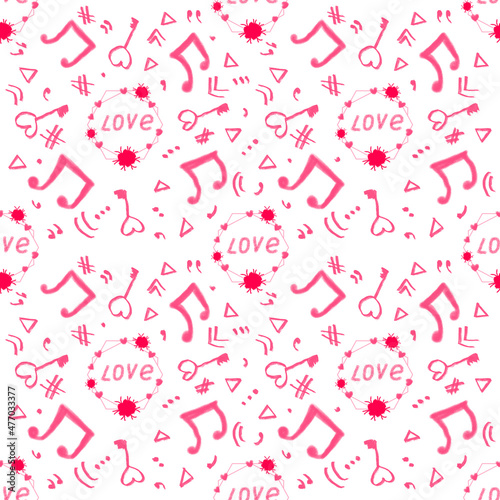 Various hand-drawn symbols on the theme of Valentine s Day are collected in a pattern on a white background.