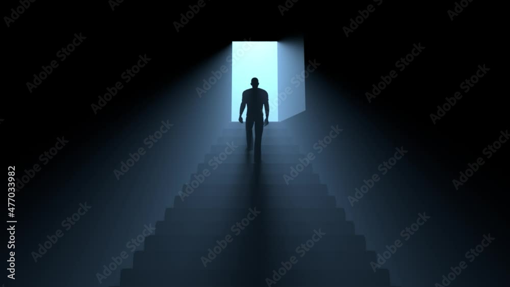 This stock motion graphics video shows a man walking upstairs to the door with light.
