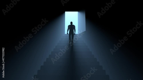 This stock motion graphics video shows a man walking upstairs to the door with light.
 photo