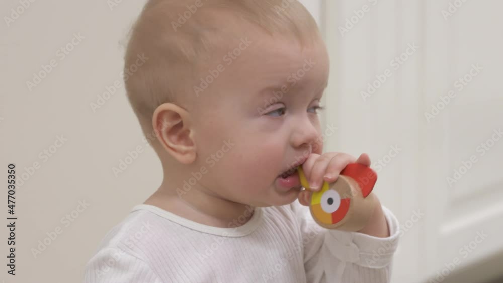Cute happy kid playing with wooden whistle, 9-month-old baby boy sitting on the floor at home. High quality 4k footage Cute happy kid playing with wooden whistle, 9-month-old baby boy sitting on the floor at home. High quality 4k footage