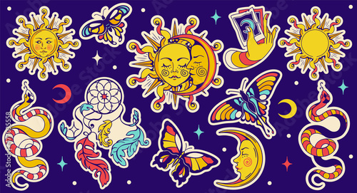 Celestial magic set of stickers. Isolated badges: moon, tarot cards, sun, boho dreamcatcher, butterfly. Mysterious retro isolated witchcraft