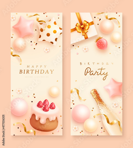 Set of happy birthday greeting vertical banners with realistic champagne, birthday cake, gift box, confetti and flowers. Vector illustration
