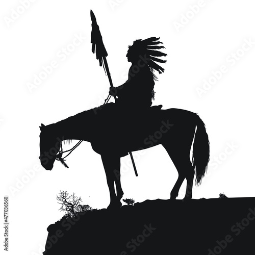 A vector silhouette of an American Indian chief on a horse.