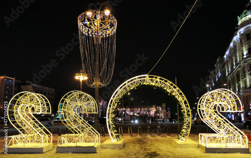 New year and Xmas street decoration in night illuminated Moscow, 2022 LED contour