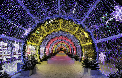 New year and Xmas street decoration in night illuminated Moscow  LED light tunnel