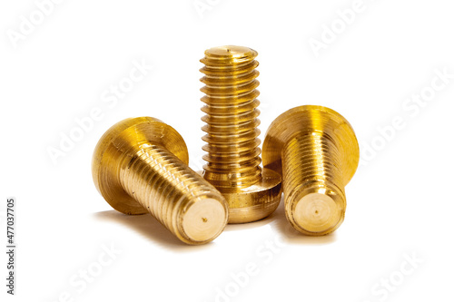 Bronze screws made on a lathe on a white isolated background.