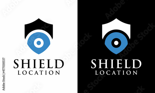Safe place logo - shield and address pointer symbol. Security and sheild logo vector design icon template. on a black and white background. photo