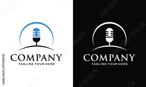 The microphone icon in a fashionable flat style is isolated against the background. Logo, application, user interface. Podcast radio icon. Studio microphone table broadcast podcast text. on a black an