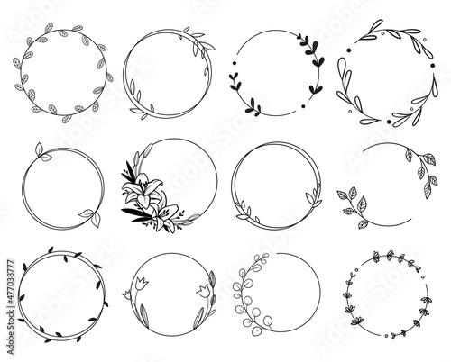 Set of black frames branches.  Vector illustration. Hand drawn floral wreaths collection.
