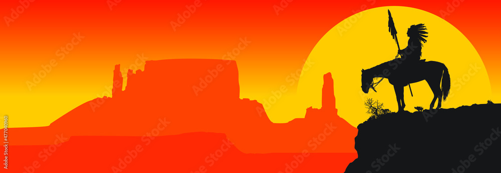 Φωτογραφία A vector silhouette of an American Indian chief on a horse overlooking a western desert sunset scene