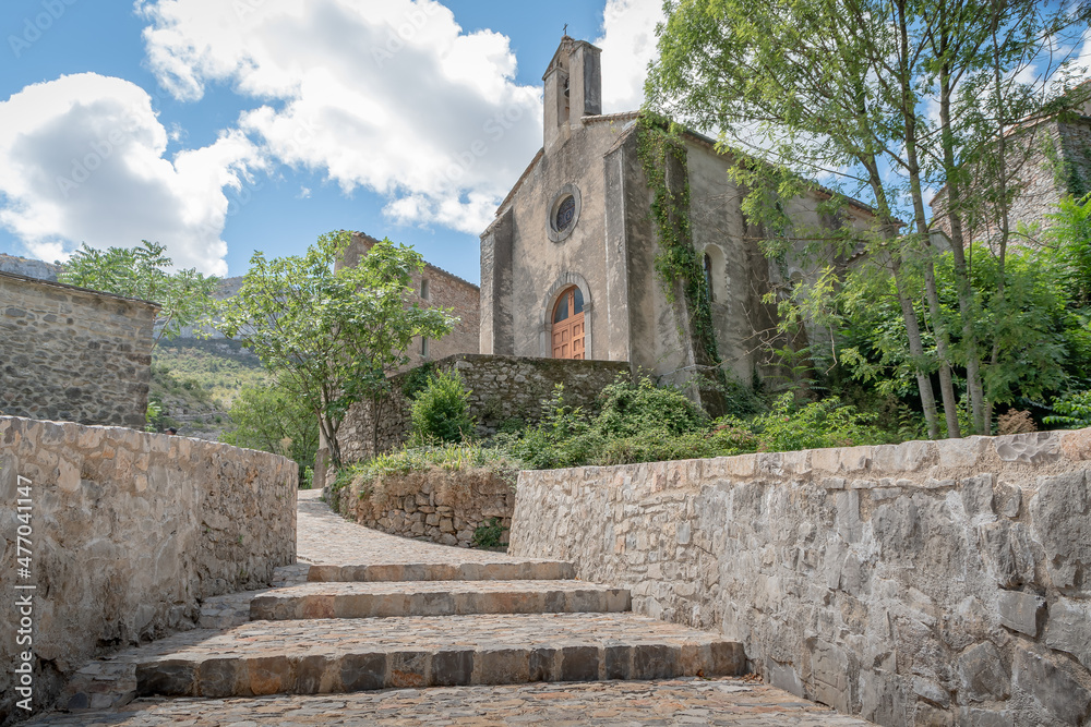 Eglise du village du Cirque de Navacelles, Grands sites de France, Gard, Sud de la France.